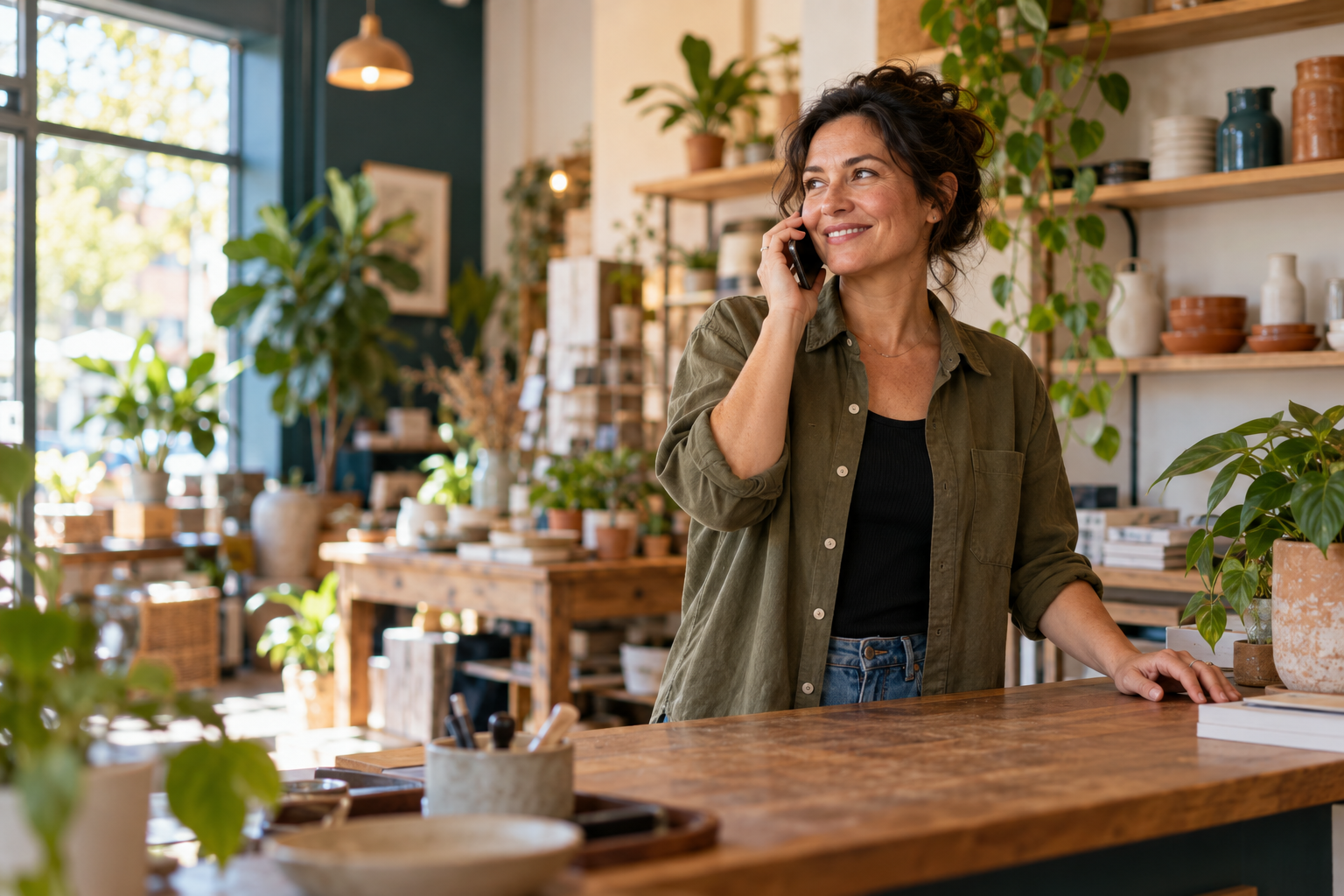 Illustrative scene of a shop owner taking a relaxed phone call at the counter.